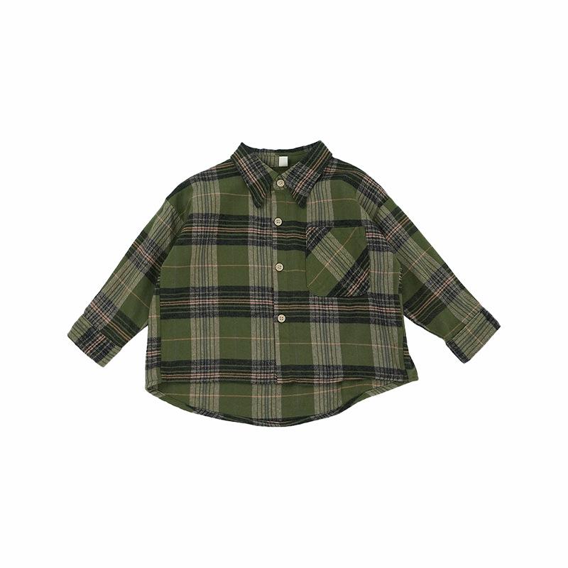 Unisex Retro Green Plaid Cotton Toddler Shirt - Korean Style Spring/Autumn Boys Versatile Top 90 cm