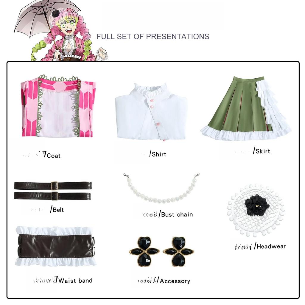 Kanroji Mitsuri Women's Cosplay Costume Set with Wig And Belt Anniversary Adult Anime Outfit for Halloween And Cosplay Events