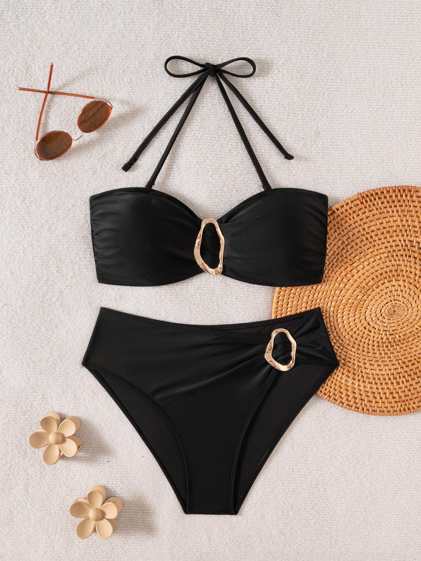 

Женский раздельный купальник бикини с отстегивающимися плечами, завязками на спине, высокой талией и сексуальным разрезом M чёрный