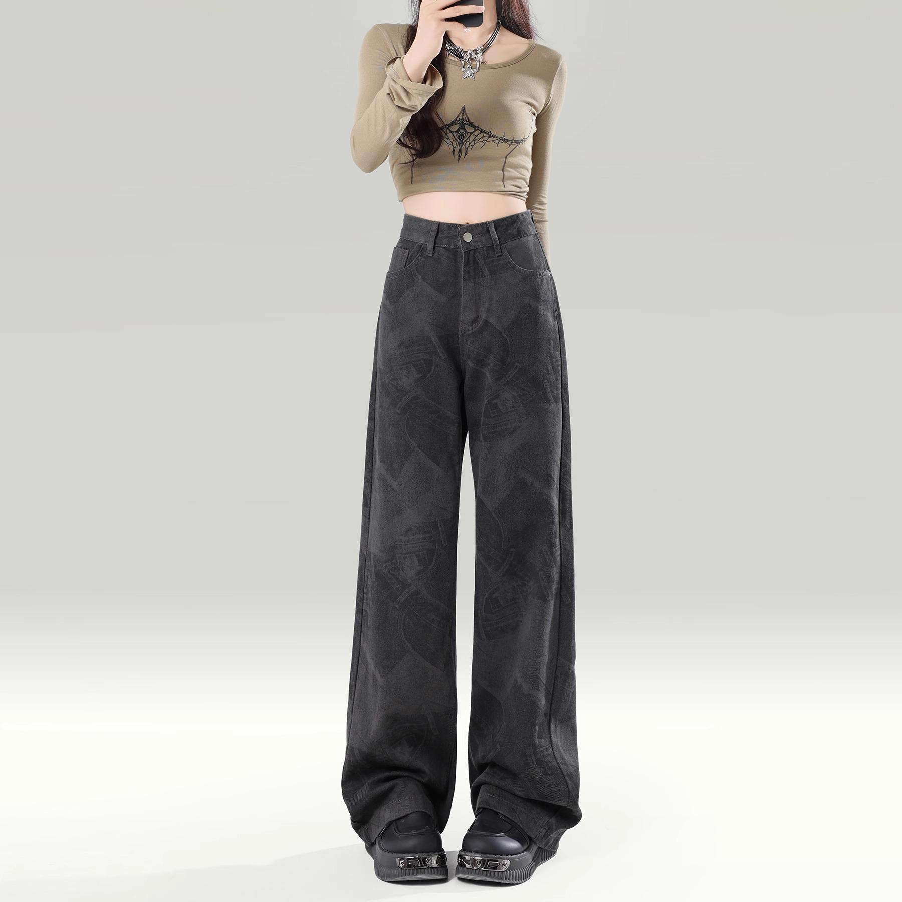 

2025 Spring/Fall Women s High-Waisted Wide-Leg Printed Jeans - American Style, Slimming, Loose, Drapey, Floor-Length. S