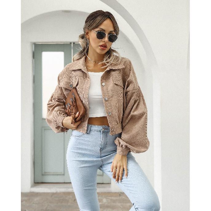 European and American Style Autumn Winter Casual Corduroy Jacket with Lantern Sleeves and Single Breasted Short Coat for Women