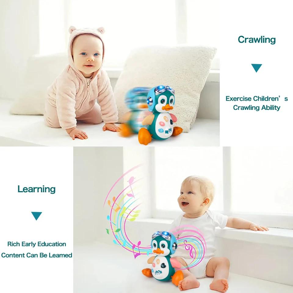 Musical Penguin Baby Crawling Toy with Lights Dancing Movement Interactive Fun Developmental Gift for Tummy Time Play