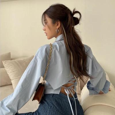 Printemps Été Femmes Chemise Bandage Femmes Dos Nu Sexy Blouse Dames de Bureau Décontracté Slim Chic Col Rabattu Manches Longues Hauts