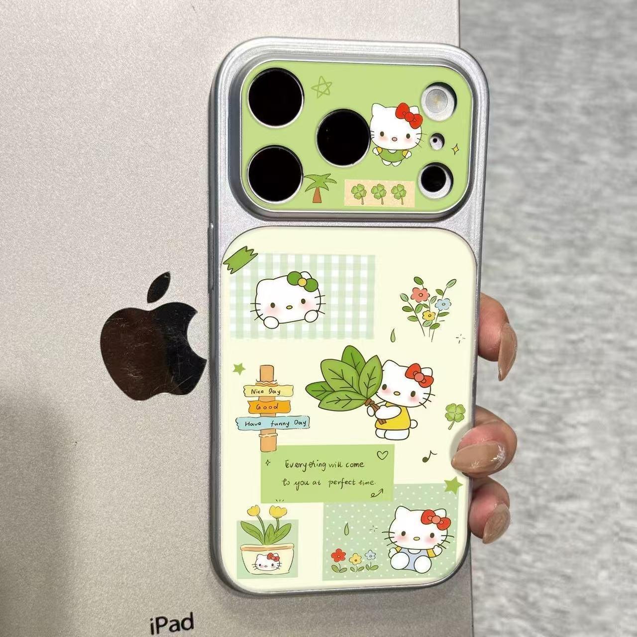 Green Hello Kitty Compatible Phone Case for Apple 17 Pro Max with Silver Frame and Full Coverage Apple 17 Camera Button