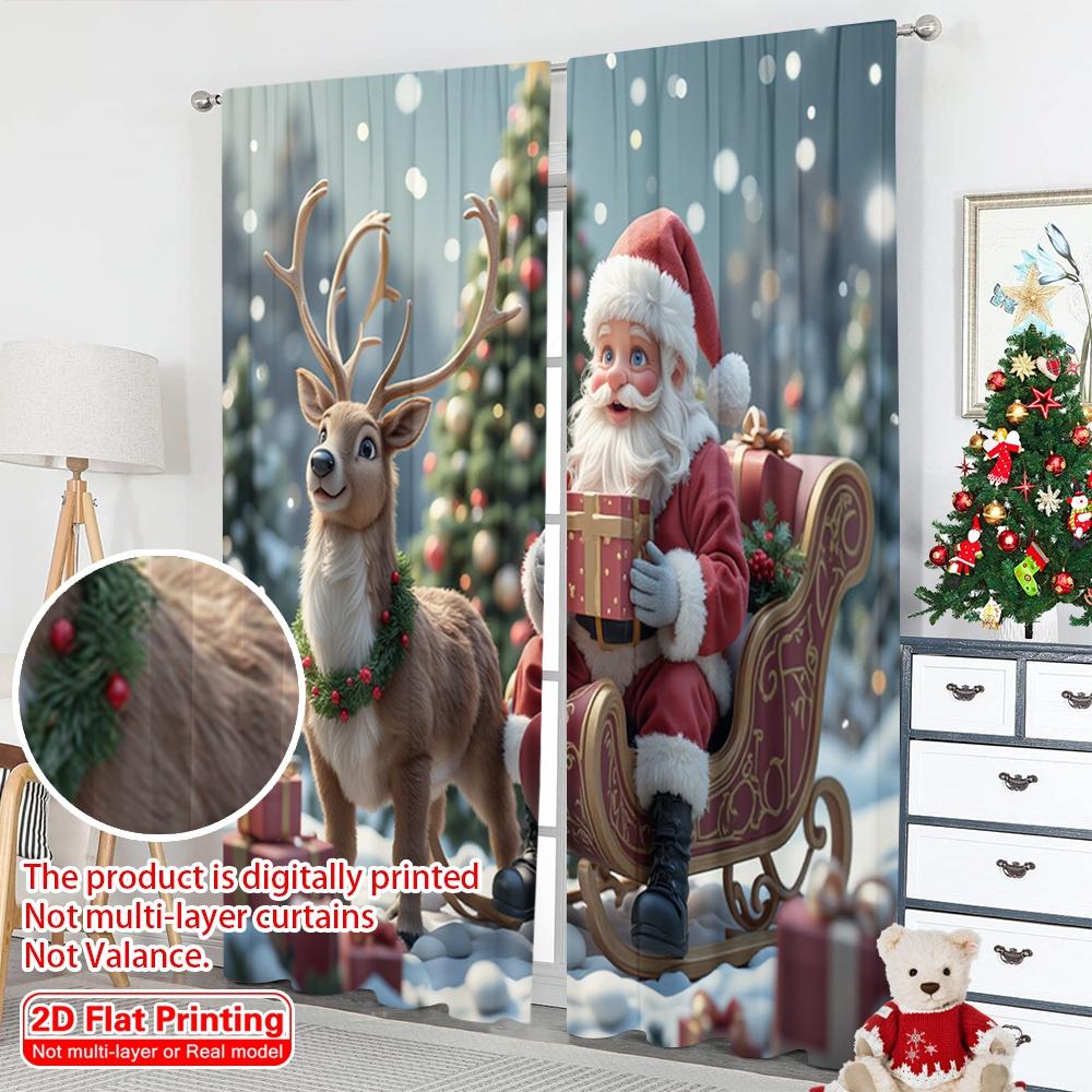 2pcs 2D flat printing Merry Christmas Popular Party Window Curtains Santa Claus Sleigh Gifts Deer Polyester Without Electricity