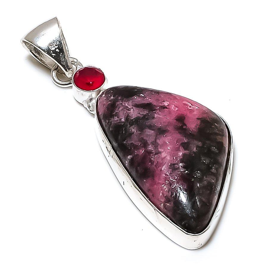 Rhodonite, Garnet Gemstone 925 Sterling Silver Jewelry Pendant 2.36" SU-8463