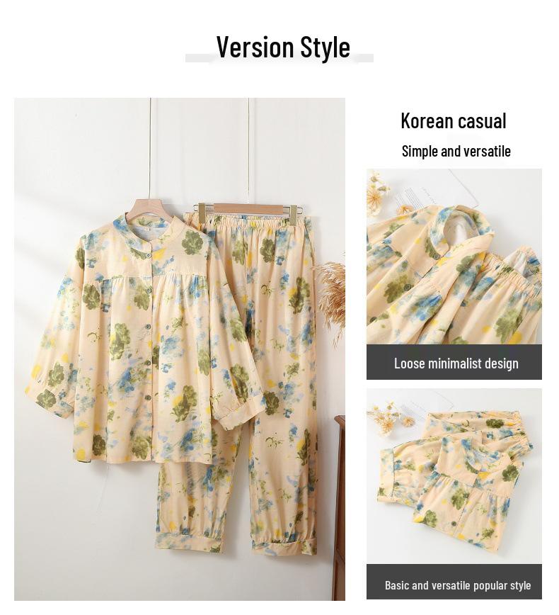 Women’s Korean Style Bamboo Cotton Pajamas - Loose Casual Fit with Seven-Sleeve Top and Long Pants for Homewear