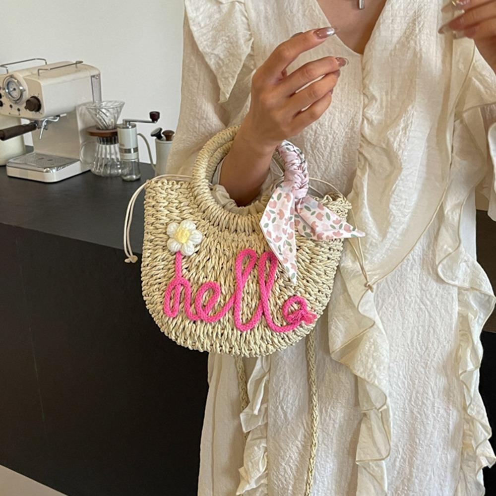 Moon Shaped Woven Underarm Bag Ribbon Knitted Shoulder Bag Fashion Beach Straw Bag  Travel