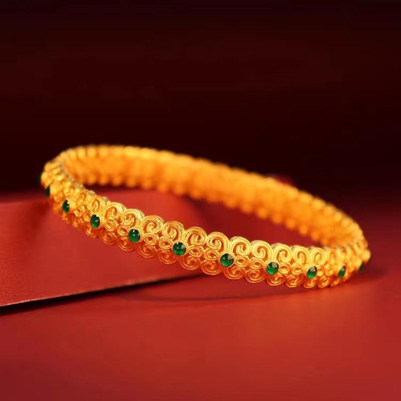 Vietnamese Vintage Openwork Sand Gold Bangle: Brass, Gold-Plated, Women's Retro Bracelet for Good Fortune