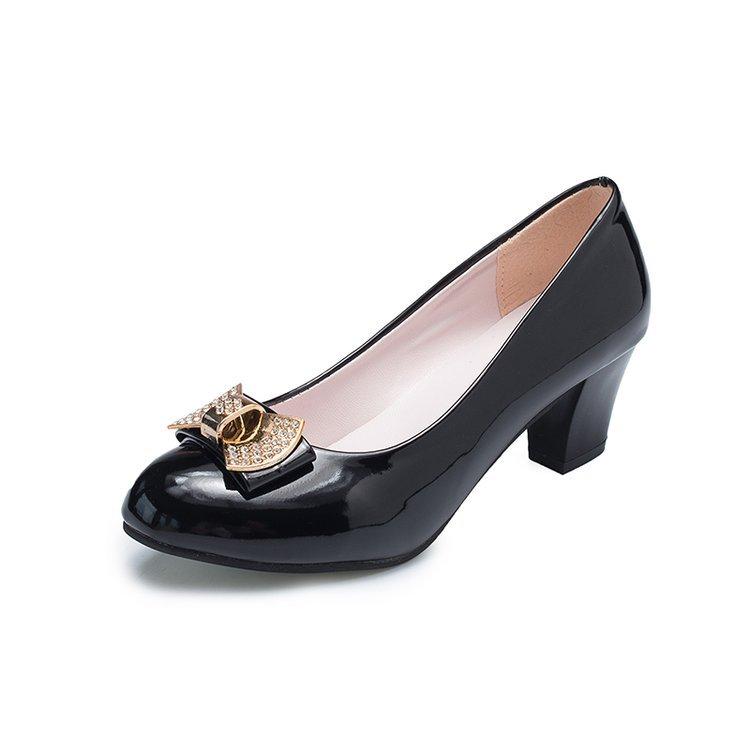 Fashion Women Autumn Round-toe Metal Bow Rhinestone Chunky Heels Single Shoes Elegant Heel Women's Shoes Fashion Soft Leather Work Pumps