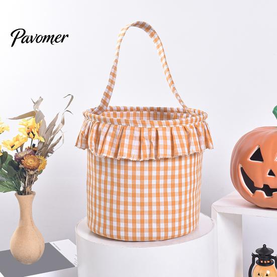Trick or Treat Baskets Halloween Basket, Plaid Ruffle Candy Bucket with Handle Bags for Kids Kids, Reusable Gingham Fabric Storage Basket Party Favors