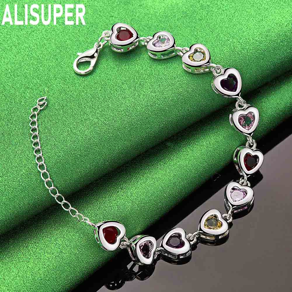 Bracelet en argent sterling 925 en forme de cœur incrusté de zircons AAA multicolores, bijoux de mariage tendance