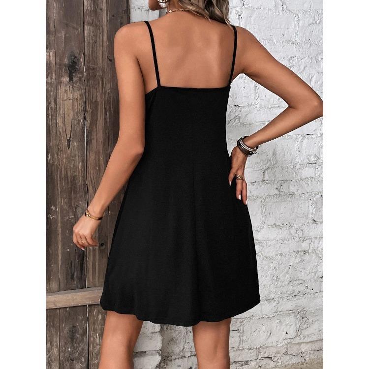 High-waisted Sleeveless Buttoned Patchwork Dress Solid Color Suspender Sexy V-neck Short Skirt for Women