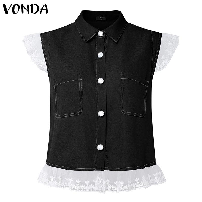 

VONDA Women Lace Patchwork Sleeveless Lapel Buttons Casual Tank Tops 5XL чёрный