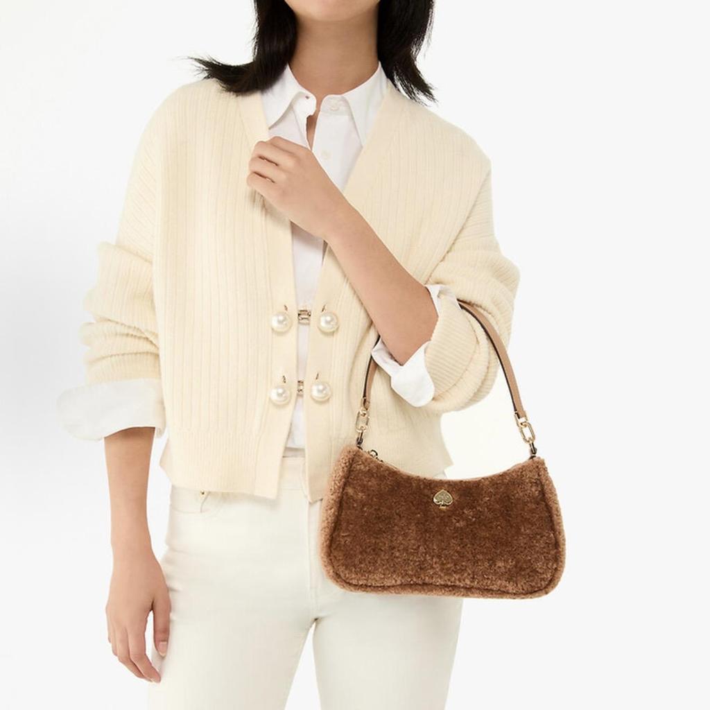 Kate Spade Ellie Embroidered Logo Zipper Closure Faux Fur Handbag Crossbody Shoulder Bag Small Women's Light Tan