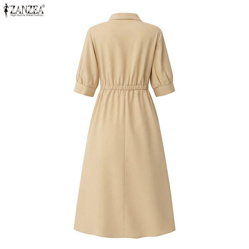 ZANZEA Women Casual Turn Down Collar Solid Color Loose Half Sleeve Dress