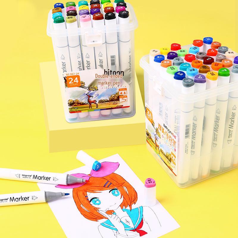 Baitong Double-Ended Triangular Marker Pen Set: Alcohol & Oil-Based, Quick-Drying, Available In 12/24/36/48/60 Colors.