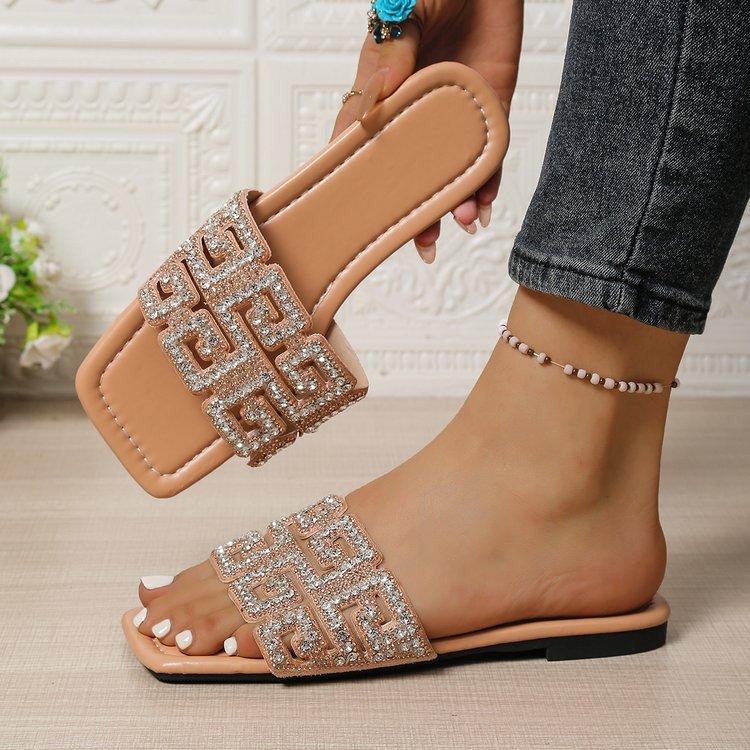 Europe, America 2025 Summer New Rhinestone Slippers Flat Slippers Women's Casual One-word Sandals Beach Shoes