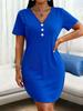 Plus Size Solid Color V-Neck Button Summer Dress for Europe & America