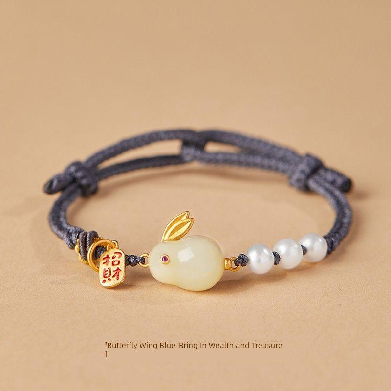 

Браслет из нефрита Хэтянь в виде нефритового зайца, браслет года судьбы, женский, новинка, открытка с благословением, жемчужный шнурок для ношения, женский Jade Rabbit Butterfly Wing Blue