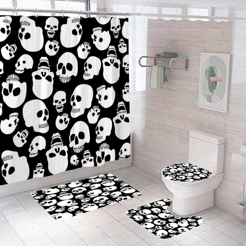 Black Skull Skeleton Printed Shower Curtain Set Horrible Halloween Festival Bathroom Decor Pedestal Rug Lid Carpet Toilet Cover