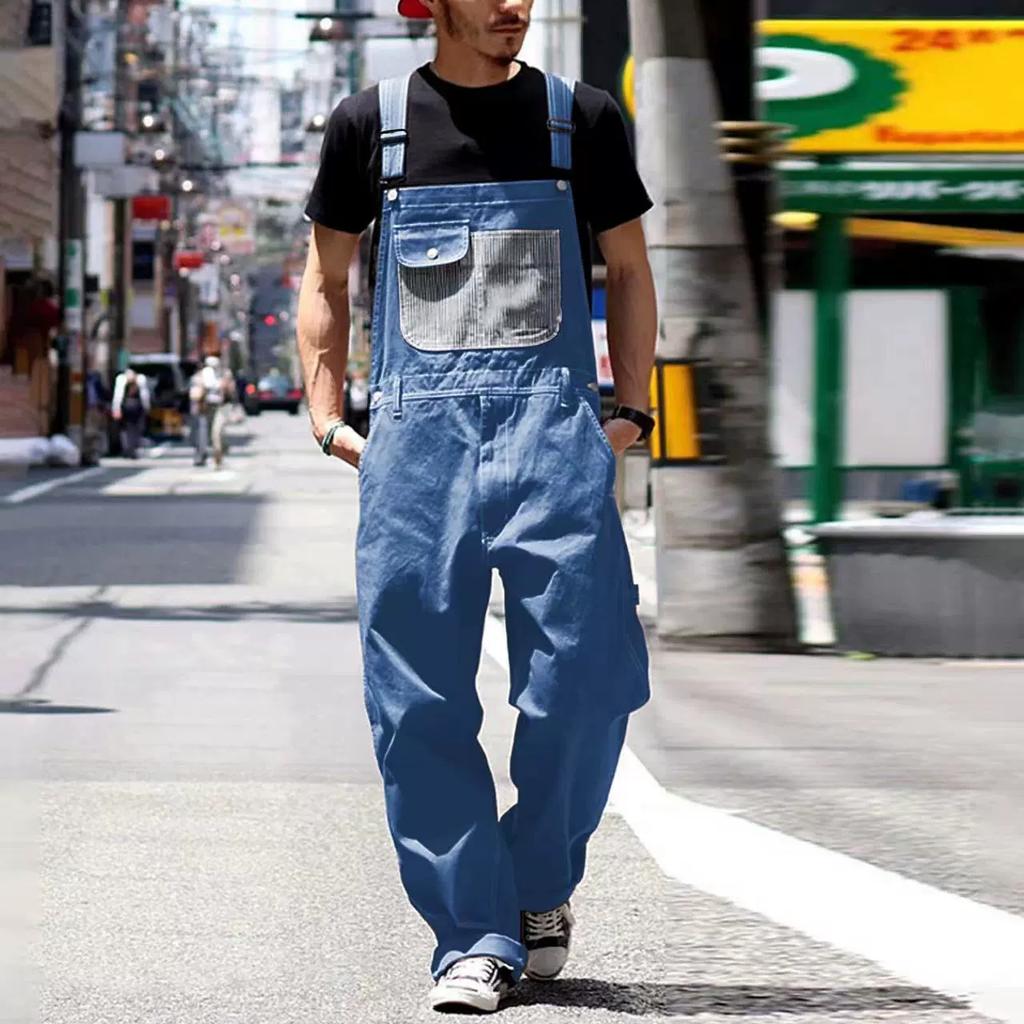 Men'S Work Jumpsuit Casual Retro Versatile Shoulder Straps Personalized Jumpsuit Patch Multi Pocket Shoulder Straps Overalls