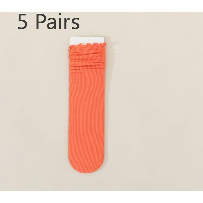 5 pairs of socks women's summer thin mid-calf black and white wooden ear edge solid colour ice ice socks velvet stacking socks