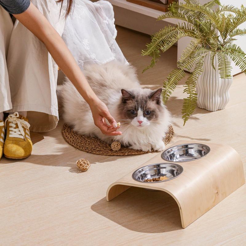 Wooden Cat Bowl Stand Holder Ceramic Food Water Bowls Anti-Tip Design Neck Support Pet Feeder Station