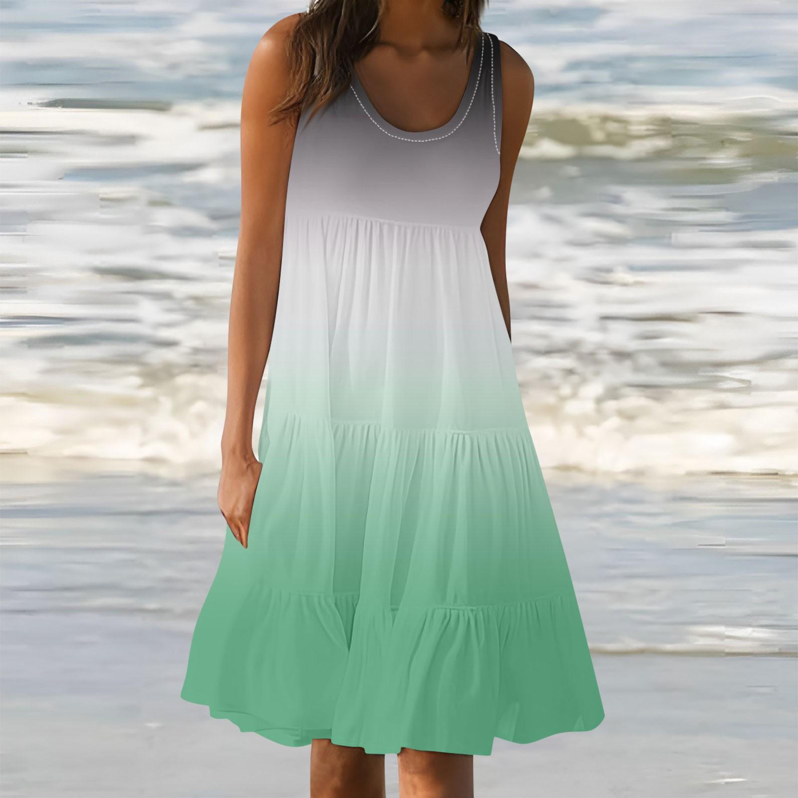 

Женские платья-жилеты Лето-весна Плиссированные богемные платья Симпатичные струящиеся пляжные платья без рукавов Прямая футболка Платья-майки Платья с круглым вырезом XXL зелёный