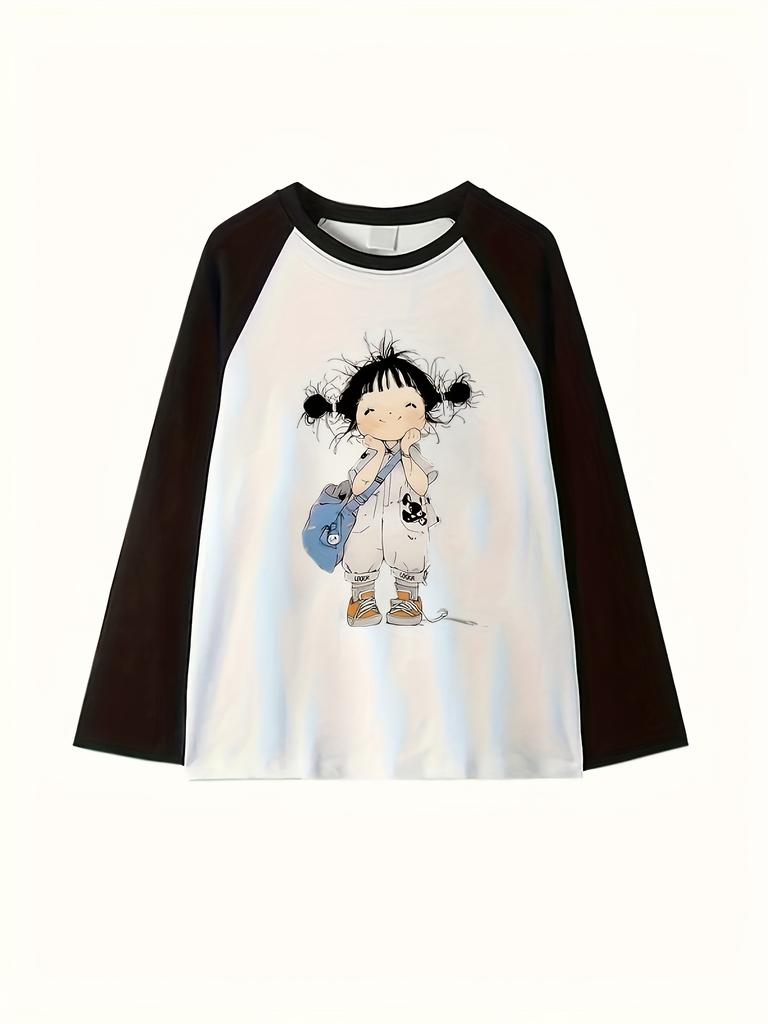 Y2K Long Sleeve Women's Loose Printed T-shirt Unique Girl Pattern Print Long Sleeve Crew Neck Casual Top Cute Cartoon Tops