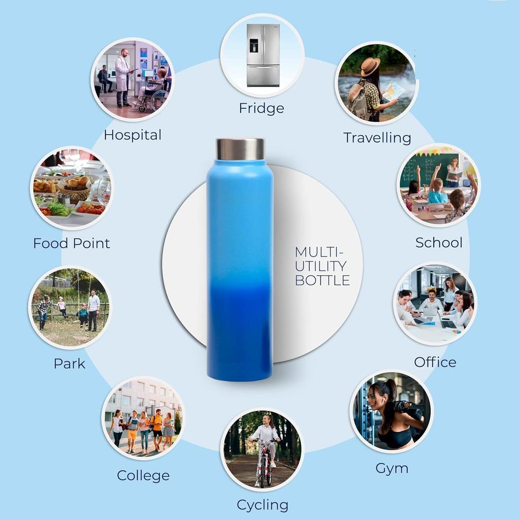 Stainless Steel Water Bottle 1 Ltr For Kids, Boys, Girls, 1 Litre Bottles for Gym, Fridge Use, School & Office (Steel Cap - Set of 3, Blue Blue)