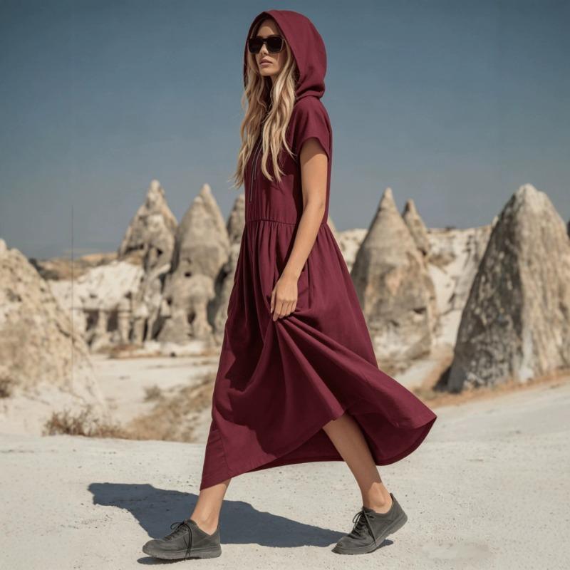 Vintage Loose Fit Hooded Half Zip Mid Length Dress With Pockets