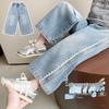 Girls' Rhinestone Lace Denim Pants - Spring/Autumn 2026: Stylish Wide-Leg Fashion for Little Girls