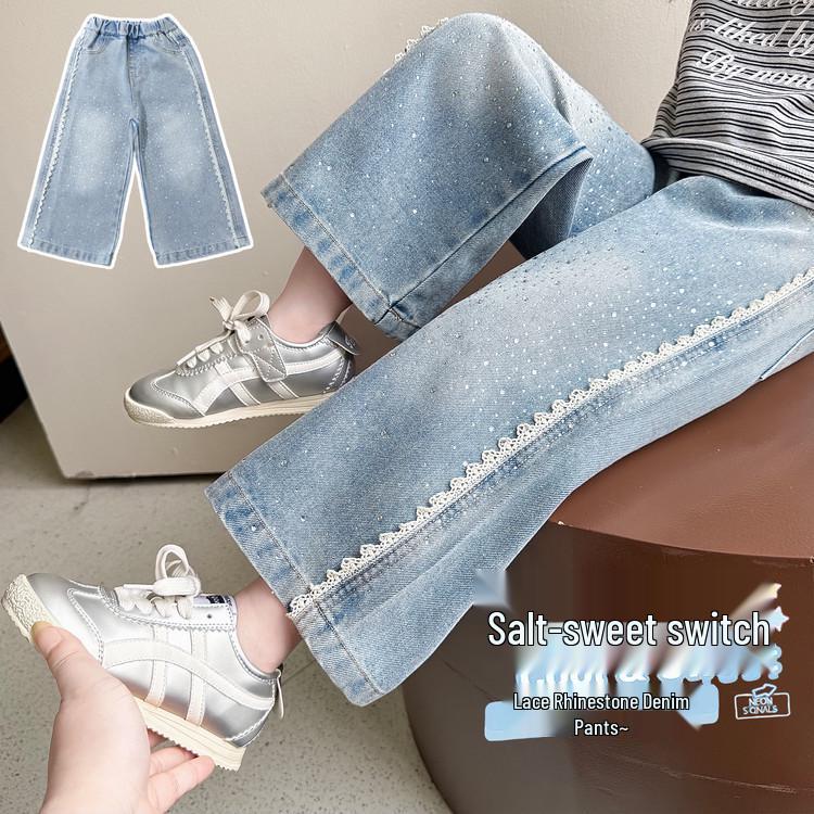 Girls' Rhinestone Lace Denim Pants - Spring/Autumn 2026: Stylish Wide-Leg Fashion for Little Girls