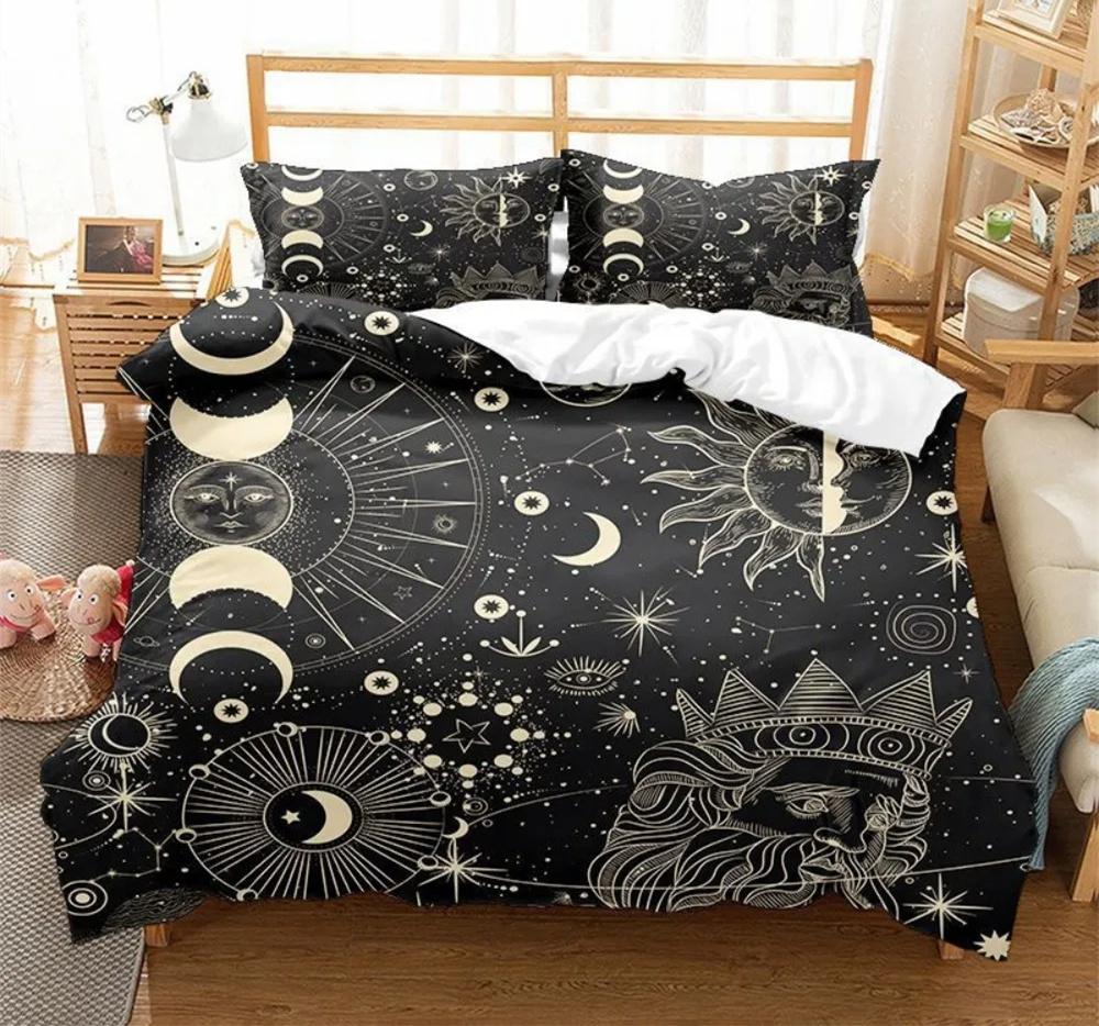 Black Sun Moon Star Bedding Set Bohemian Totem Line Duvet Cover Pillowcases Bedlinen Adults Bedclothes Twin Full Queen King Size