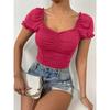 Square Necked Bubble Sleeve Top French style Square Shirt Women Sexy Low Cut Waist Hugging Top