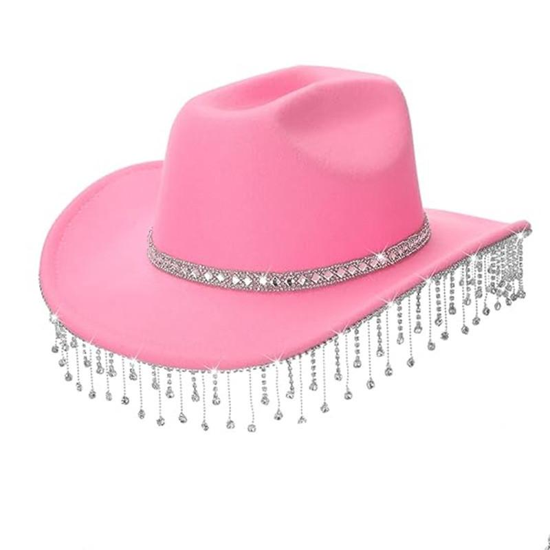 Pink Felt Cowboy Hat With Rhinestone Tassel Decoration For Allseason Sun Protection