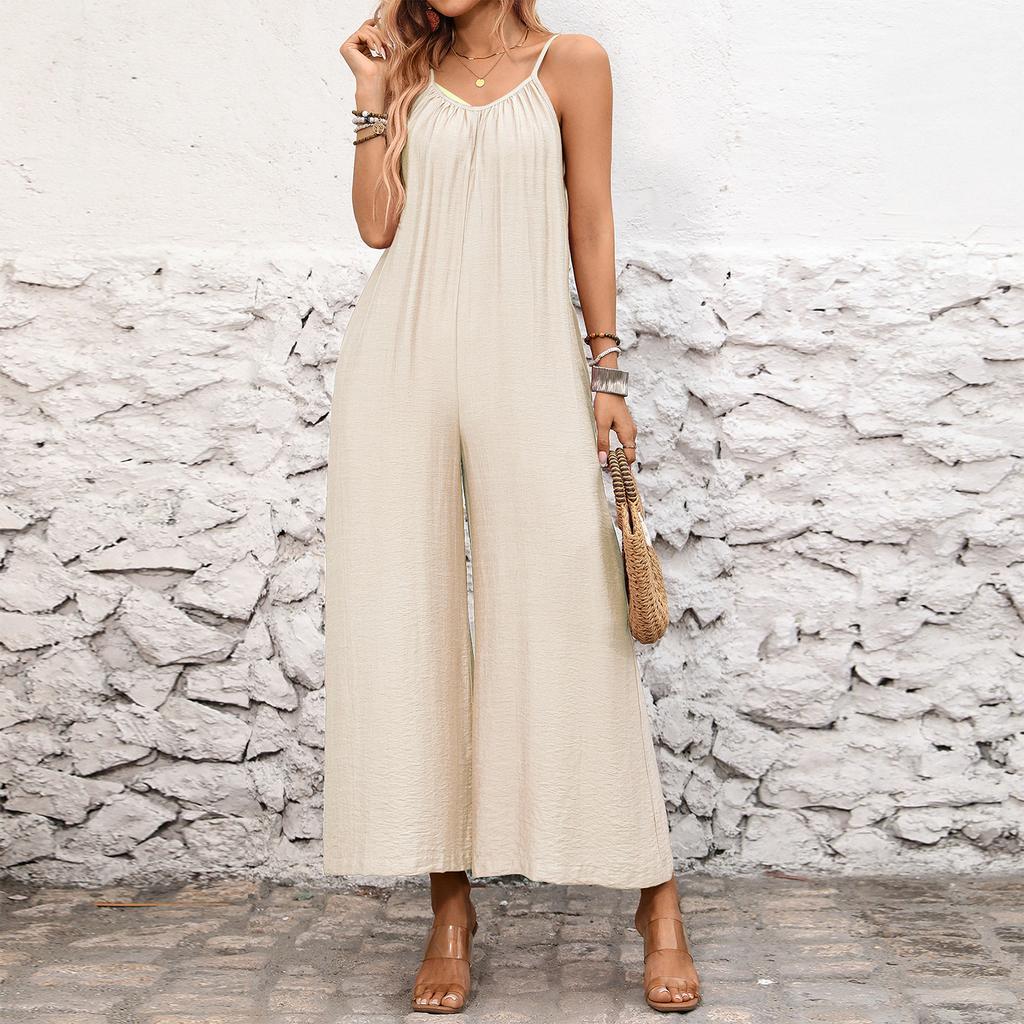 Women Loose Wide Leg Jumpsuit Adjustable Spaghetti Straps Sleeveless Casual Romper Full Length Palazzo Pants