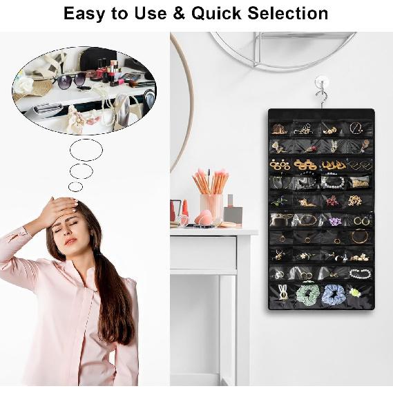 Hanging Jewelry Organizer for Closet, Double-Sided 48 Pockets & 8 Necklaces Holder Jewelry Hanging Organizer to Store Earrings, Necklaces, Bracelets,