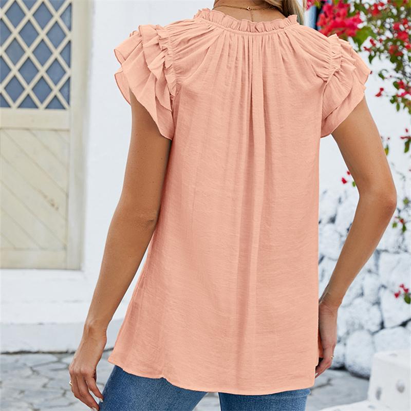Frühling Sommer Einfarbig Krawatte V-Ausschnitt Plissee Bluse Casual Bandage Rüschen Kurzarm Damen Top