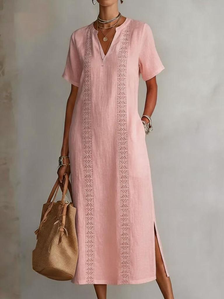 Vintage Comfortable Hollow Lace V-Neck Loose Cotton Linen Dress for Women