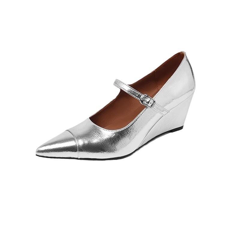 Beautiful temperament small silver high heels women's 2025 new spring special-shaped heel pointed retro wedge heel Mary Jane single shoes