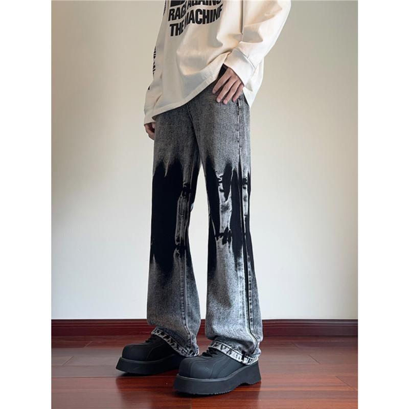 Snowflake gray tie-dye micro-pull jeans men's spring and autumn tide brand American high street vibe pants slim-fit narrow straight-leg pants