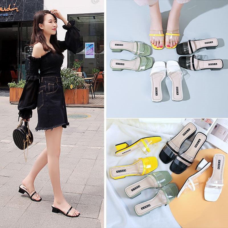 Slippers Women's Summer New Wear Medium Heel Thick Heel Women's Cool Slippers Korean Version Versatile Internet Celebrity Beach Shoes One Word