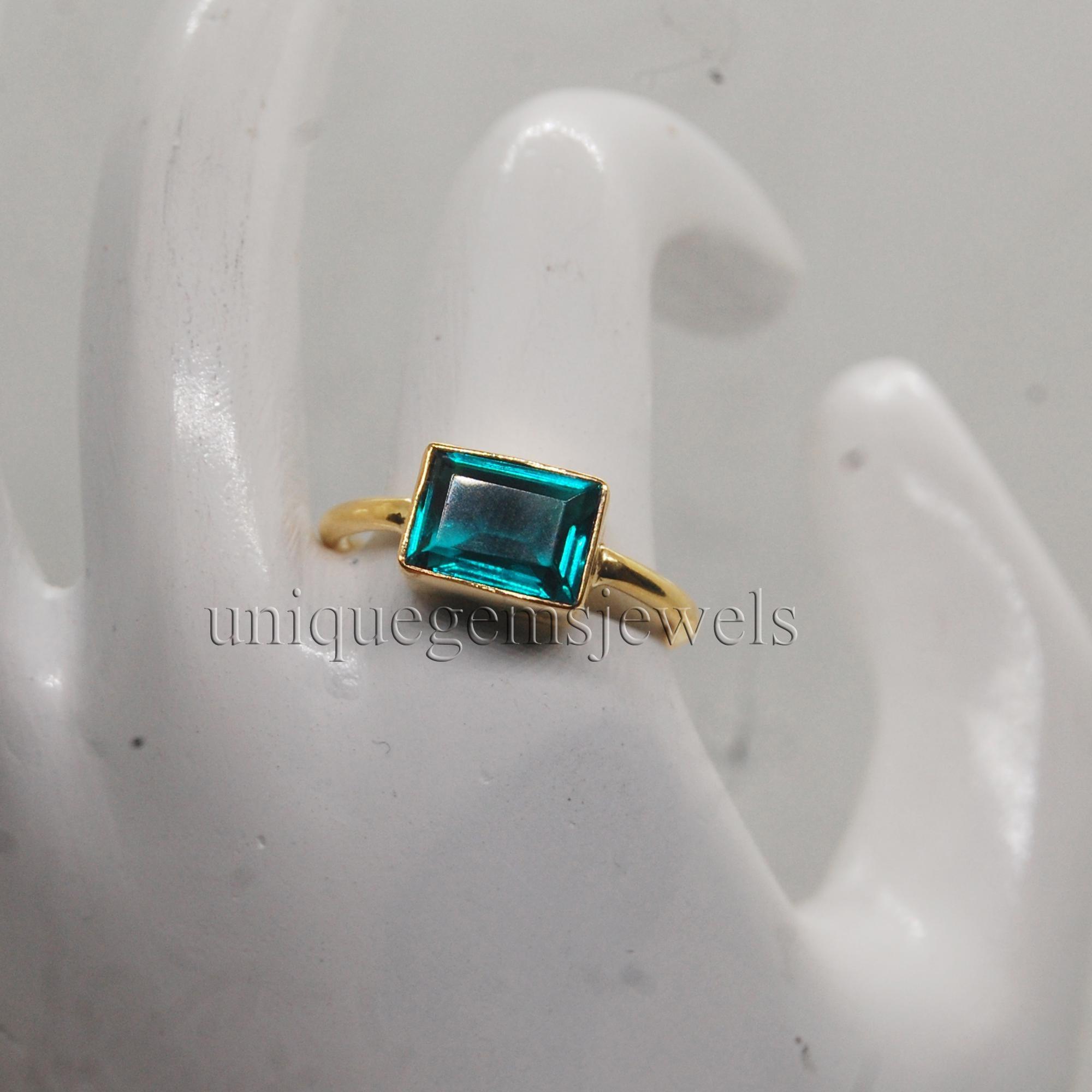 

Emerald Cut Neon Blue Dark Tourmaline 925 Sterling Silver Yellow Gold Fill Ring Jewelry 6