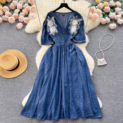 Fashion Summer Flower Print Soft Thin Denim Midi Dress Vintage Women V Neck Embroidery Floral High Waist Cowboy Office Dresses