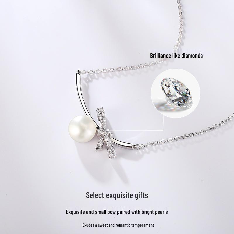 S925 Sterling Silver Bow & Freshwater Pearl Necklace