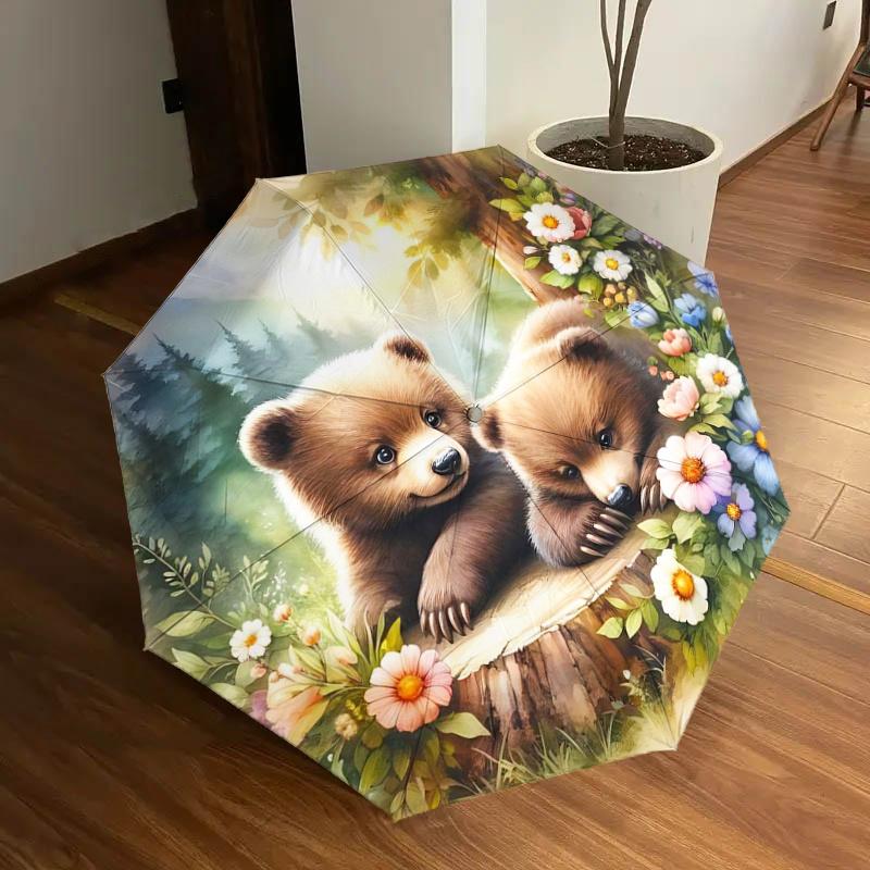 

Floral Bear Trio with Flowers: Automatic Opening/Closing Umbrella, Portable Folding Design, 8-Bone Iron Frame, Outdoor, Ideal Gift for Fans,