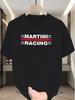 Men's Racing Logo & Stripe T-Shirt - Loose Fit Short Sleeve Round Neck