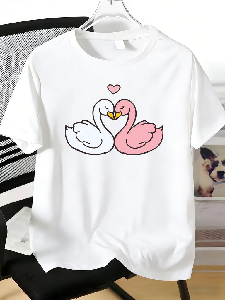 Unisexs Tee Loving Swan Couple Heart Cartoon Print Cotton Short Sleeve Male Casual Streetwear Outdoor Daily Basic Fashion Top